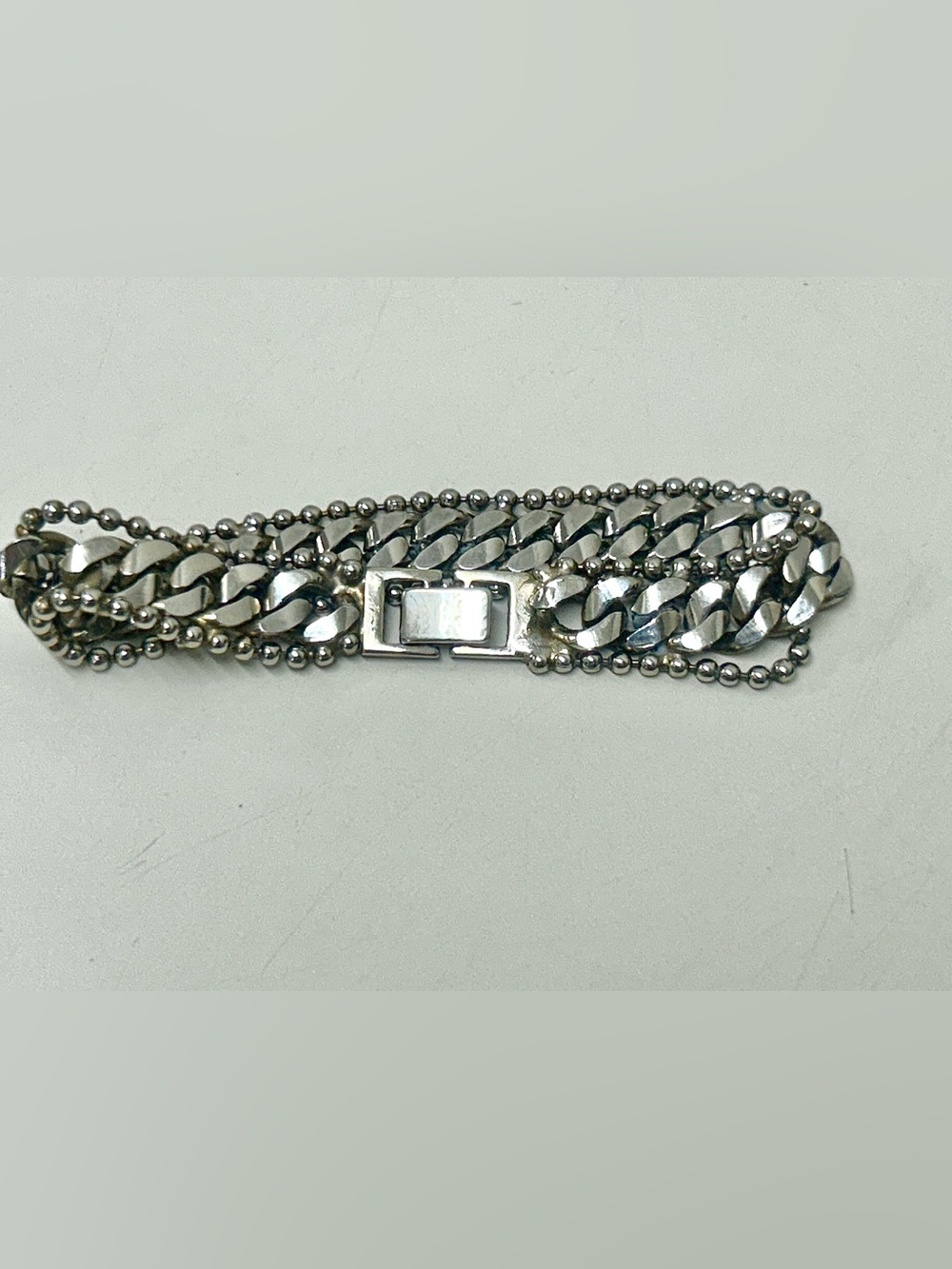 c. 1960s Vintage Sterling Silver Beaded Curb Link Clasp Closure Bracelet
